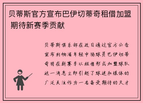贝蒂斯官方宣布巴伊切蒂奇租借加盟 期待新赛季贡献