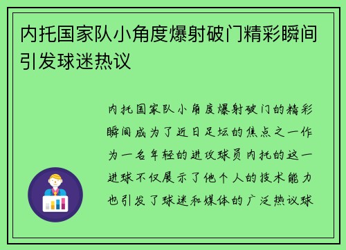 内托国家队小角度爆射破门精彩瞬间引发球迷热议