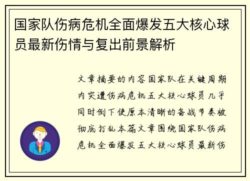 国家队伤病危机全面爆发五大核心球员最新伤情与复出前景解析