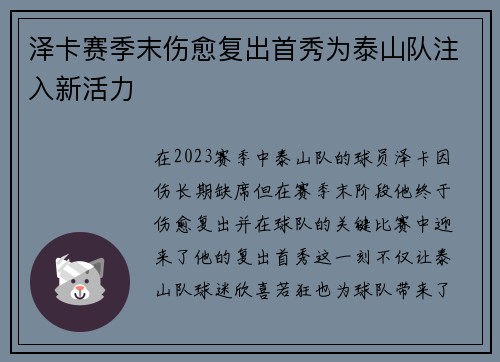 泽卡赛季末伤愈复出首秀为泰山队注入新活力 泽卡赛季末伤愈复出首秀为泰山队注入新活力